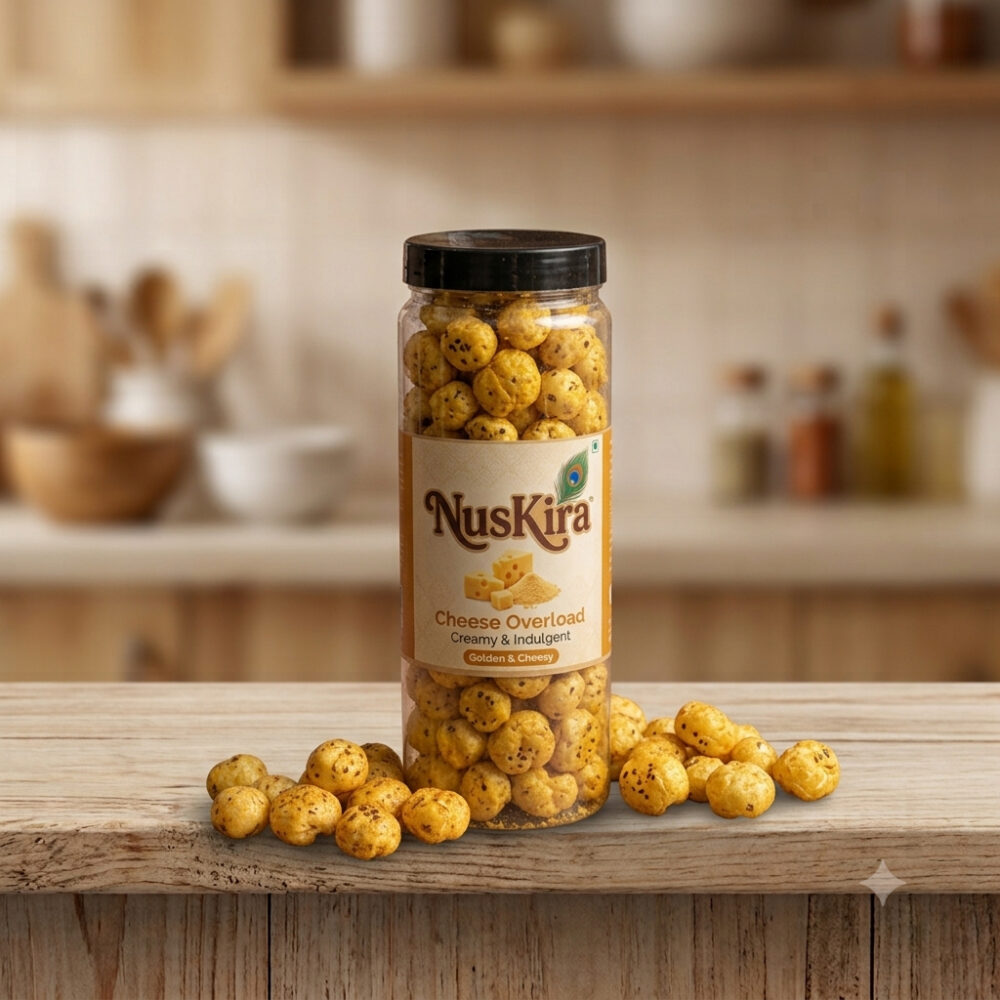 NusKira Cheese Overloaded Roasted Makhana creamy indulgent fox nuts with rich cheesy flavor snack