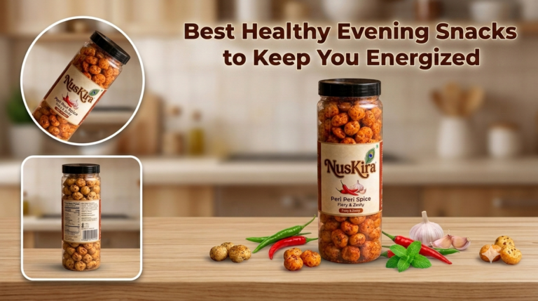 Healthy evening snacks including roasted makhana and premium dry fruits by NusKira for natural energy and nutritious snacking