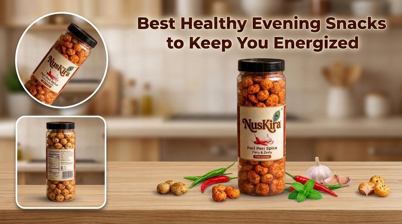 Healthy evening snacks including roasted makhana and premium dry fruits by NusKira for natural energy and nutritious snacking
