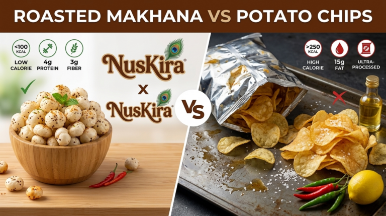 Roasted makhana vs potato chips comparison showing why roasted makhana is a healthier snack choice by NusKira