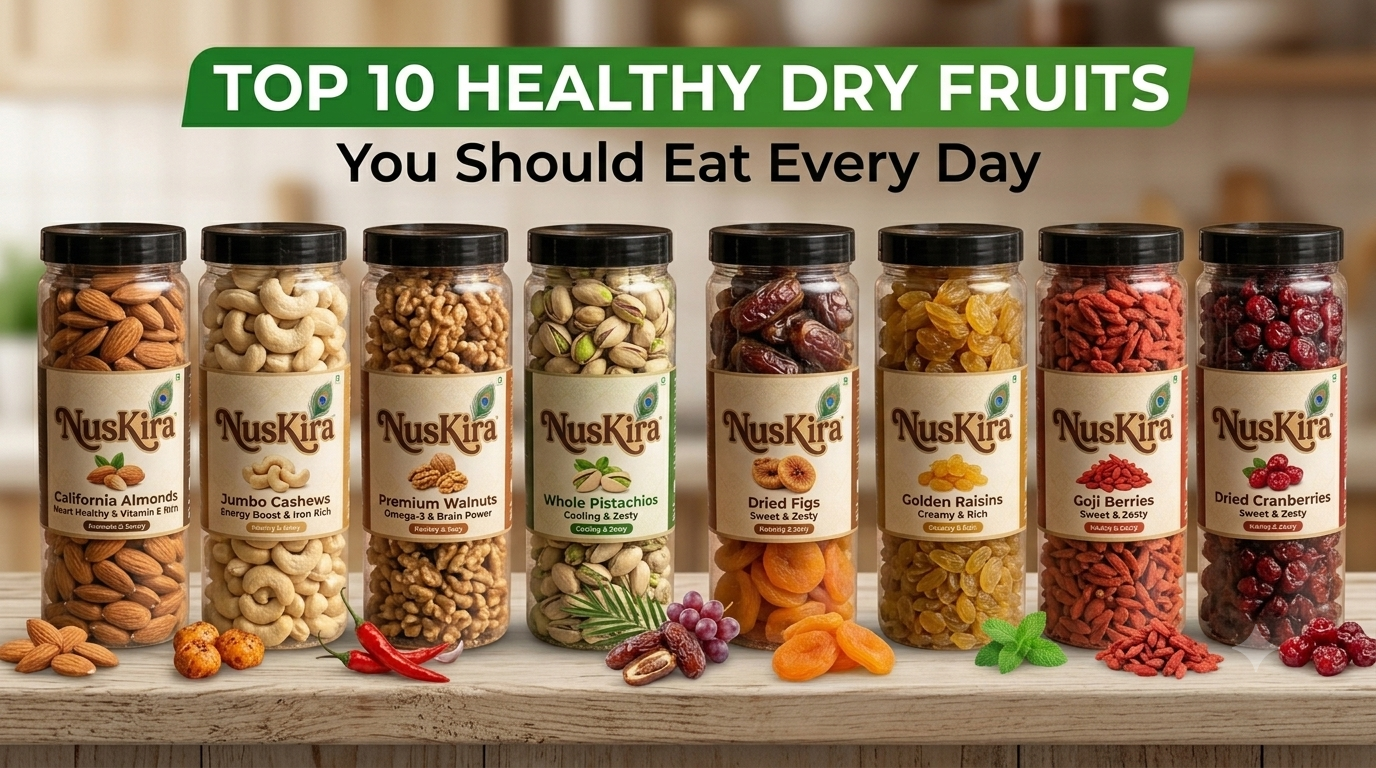 Top 10 healthy dry fruits including almonds, walnuts, cashews, pistachios, raisins, and dates for healthy daily snacking by NusKira