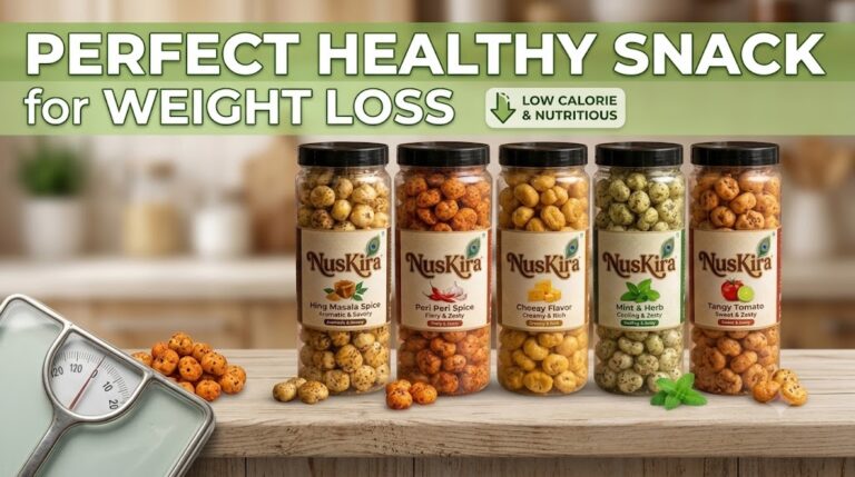 Roasted makhana for weight loss, a healthy low-calorie snack rich in protein and fiber by NusKira